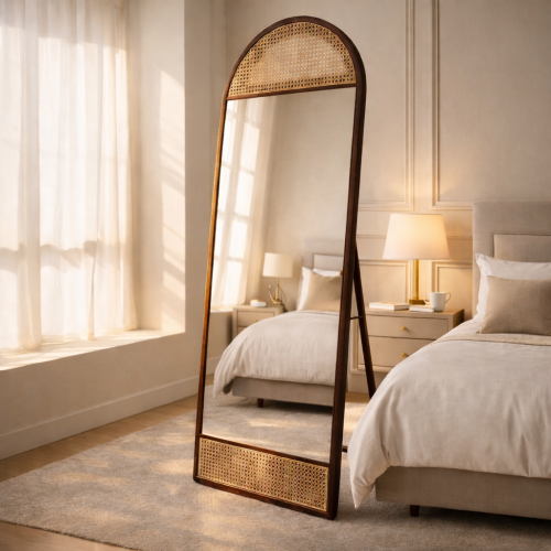 مرايا اطار الون اسود خشبي مع رتان مقاس 160*60 سم