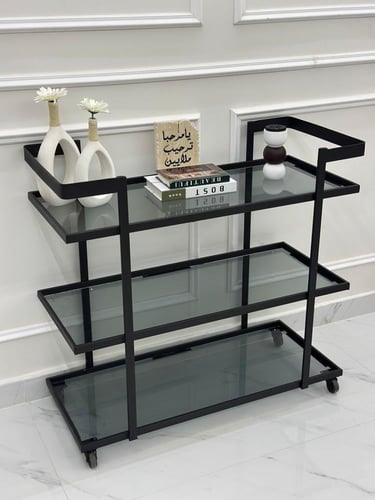 عربة تقديم ضيافة بثلاثة أدوار زجاجية باللون الشمبا...