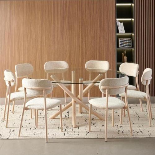 طاولة طعام زجاج دائري 8 كراسي لون بيج