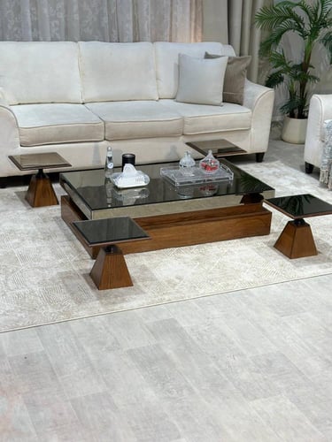 طقم طاولات سطح مراية ارضي مع 4 خدمة لون بني