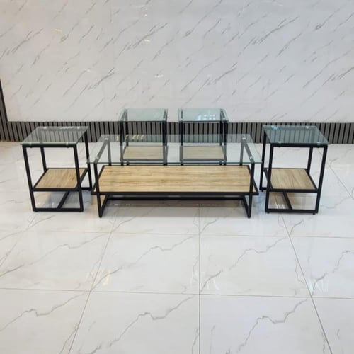 طقم طاولات ضيافة مع 4 خدمة سطح زجاج لون بيج