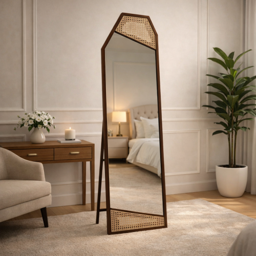 مرآة أرضية كاملة بإطار خشبي أسود مع راتان