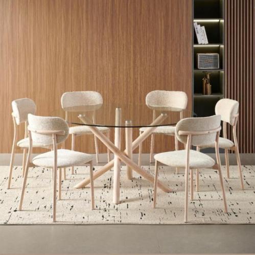 طاولة طعام زجاج دائري 6 كراسي لون بيج