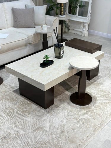 طقم طاولات ضيافة بديل الرخام مع قواعد خشب بني غامق...