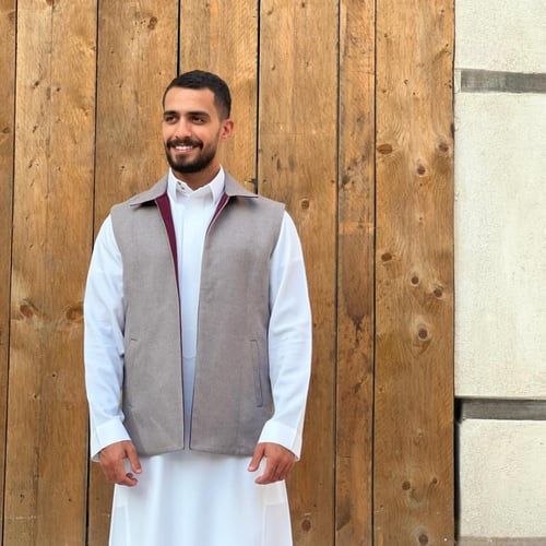 سديري دبل ياقة فيس عناب مع رمادي