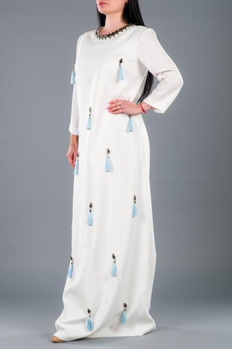 BLZ جلابية عصرية مزينة بالهدب و الأحجار أسود و أبي...