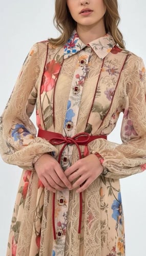 فستان كيلوش من الدانتيل والفيسكوز المورد بحزام أحم...