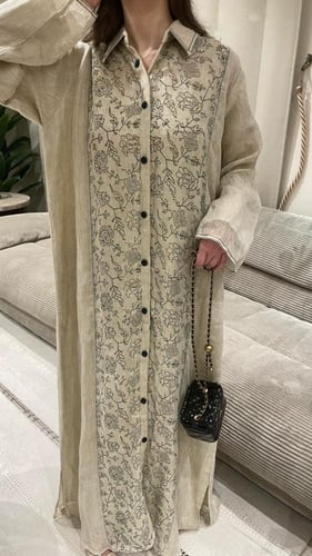 فستان بشكل قميص لينن مطرز "ثلاث ألوان"