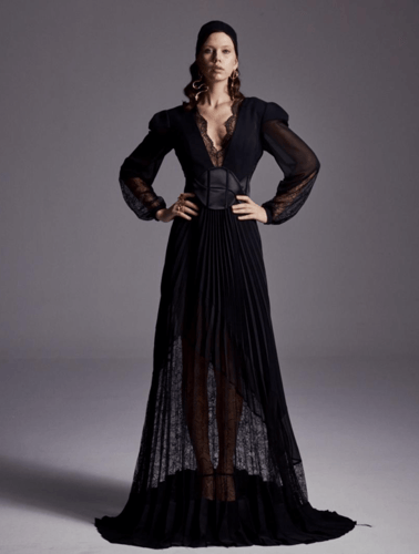 فستان مزيج شيفون وكريب ولمسات دانتيل بحزام "لونين"