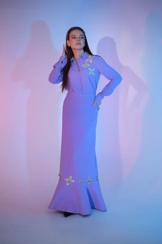 BIRGUL طقم ماكسي كريب مطرز "فوشي"