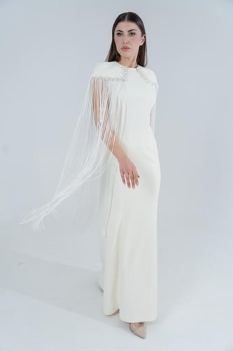 ONGUN فستان سهرة بهدب وتطريز أبيض