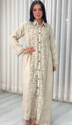 فستان بشكل قميص لينن مطرز "ثلاث ألوان"