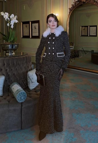 FABE طقم تويد بياقة فراء قابلة للإزالة