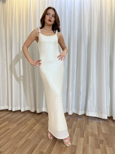 Carmen فستان أبيض كت بستراب لؤلؤ