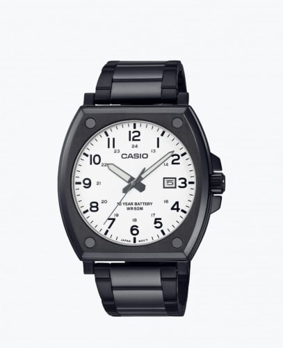 كاسيو ساعة انالوج بعقارب ومينا ابيض وهيكل مطلي بال...