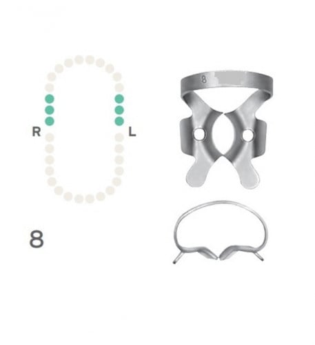 Rubber Dam Clamp Deeply festooned jaws for upper m...