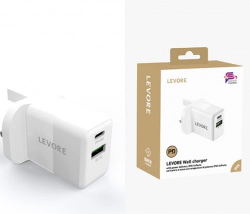 شاحن جداري ليفوري 20 واط منفذ PD وUSB - أبيض