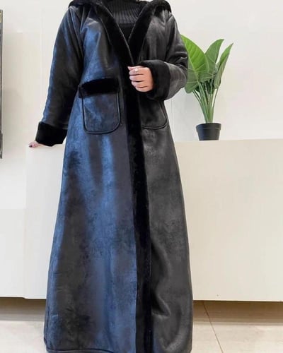 فروة شتوية نسائية جوخ سوداء مخملية مبطنة بالفرو لت...