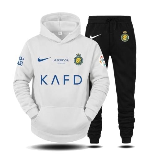 طقم النصر السعودي الشتوي الأبيض هودي وبنطلون أسود