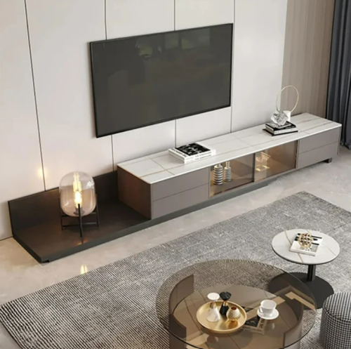 طاولة تلفاز من الخشب و الزجاج وبأدراج محكمة للتخزي...