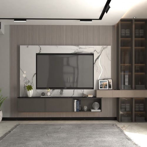 وحدة تلفاز جدارية متصلة بوحدة ارفف - بني