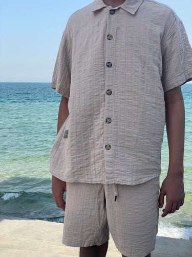 بدله قطعتين رجالي قماش لينن لون بيج مقاس s