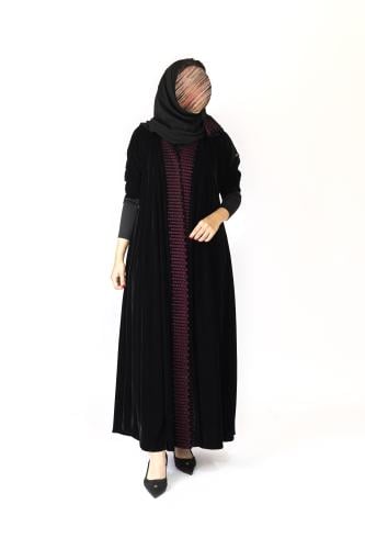 عباية غيم مخمل تطريز عنابي كم ستريتش | اسود