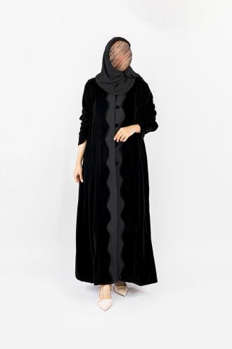 عبايات سكره مخمل كوري تدخيلات كريب | اسود