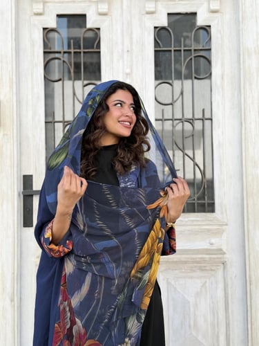 عباية كوبرو بأكمام وطرحة مشجرة - كحلي