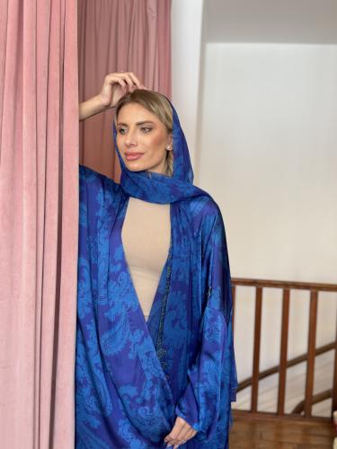 عباية وطرحة حرير طبيعي مشجر - أزرق نيلي