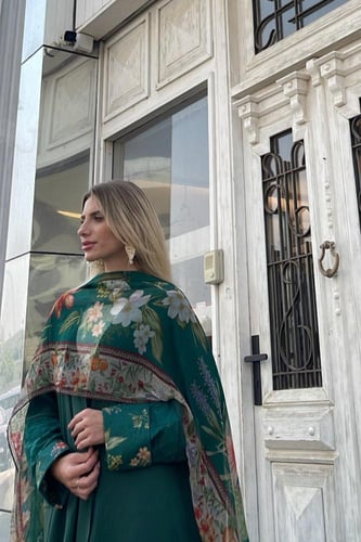 عباية كوبرو بأكمام وطرحة مشجرة -أخضر