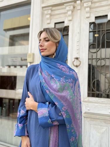 عباية بليند بأكمام وطرحة مشجرة - أزرق فاتح