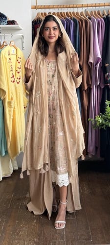 عباية وطرحة مطرزة - بيج غامق