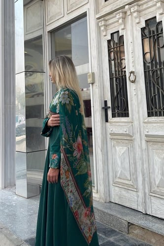 عباية كوبرو بأكمام وطرحة مشجرة -أخضر