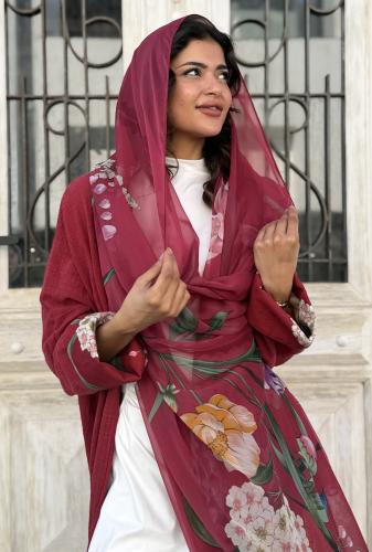 عباية بأكمام وطرحة مشجرة - أحمر طوبي