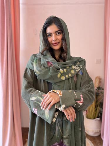 عباية كوبرو بأكمام وطرحة مشجرة - زيتي