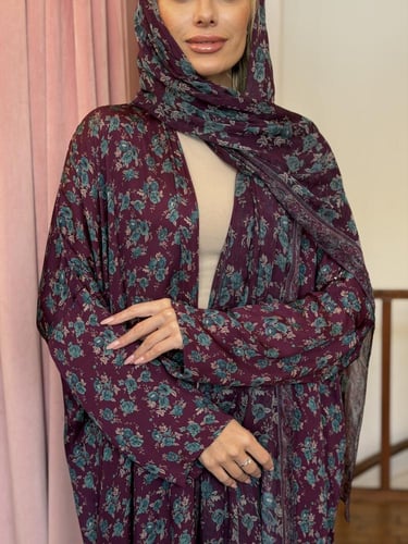 عباية وطرحة حرير طبيعي مشجر - عنابي