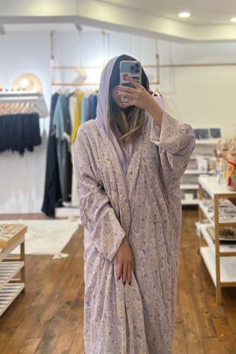 عباية شيفون مورد مطرز - موف فاتح