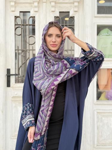 عباية بليند بأكمام و طرحة نقش عربي - كحلي