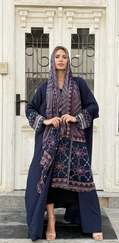 عباية بليند بأكمام و طرحة نقش عربي - كحلي