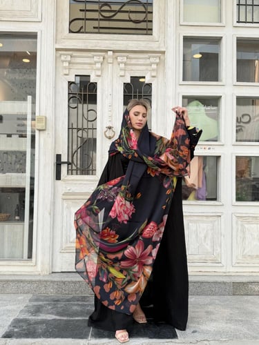 عباية بليند بأكمام وطرحة مشجرة - أسود