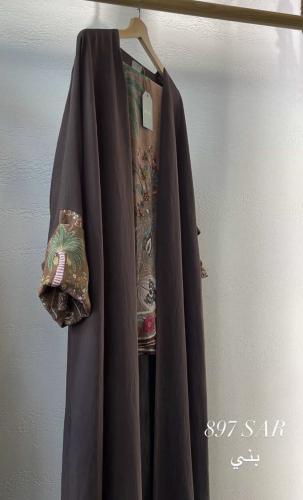 عباية بليند طرحة وأكمام مشجرة - بني