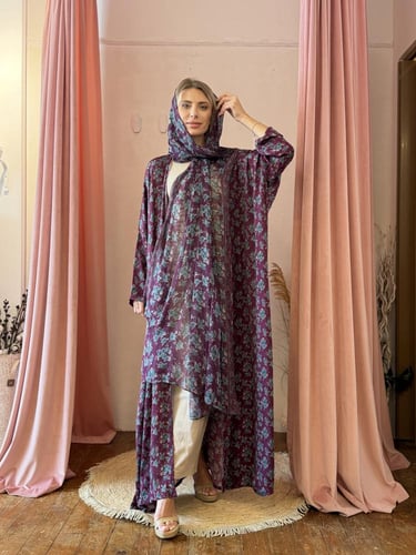 عباية وطرحة حرير طبيعي مشجر - عنابي