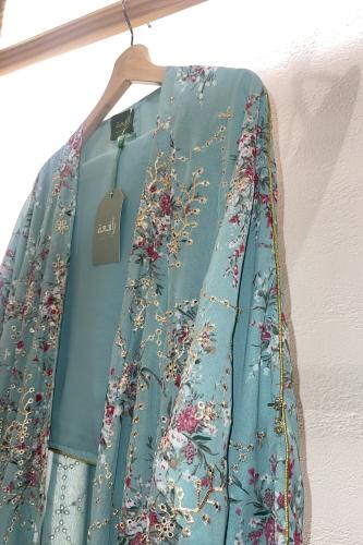 عباية شيفون مورد مطرز - أخضر تيفاني