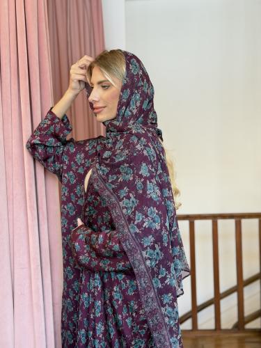 عباية وطرحة حرير طبيعي مشجر - عنابي