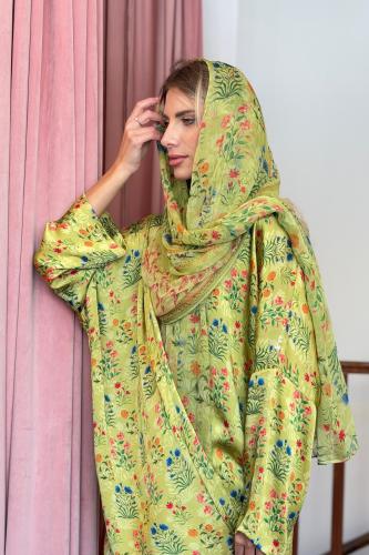 عباية وطرحة حرير طبيعي مشجر - فستقي