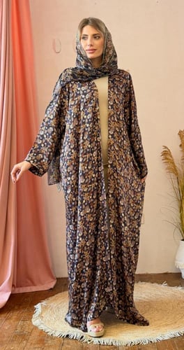 عباية وطرحة حرير طبيعي مشجر - كحلي