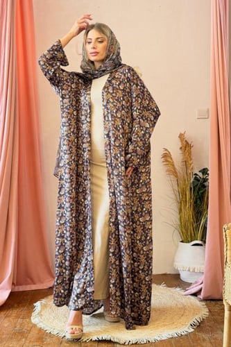 عباية وطرحة حرير طبيعي مشجر - كحلي