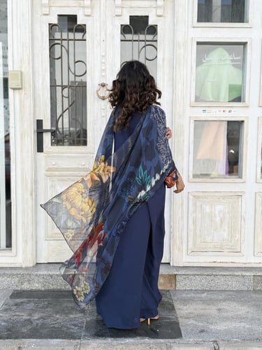 عباية كوبرو بأكمام وطرحة مشجرة - كحلي