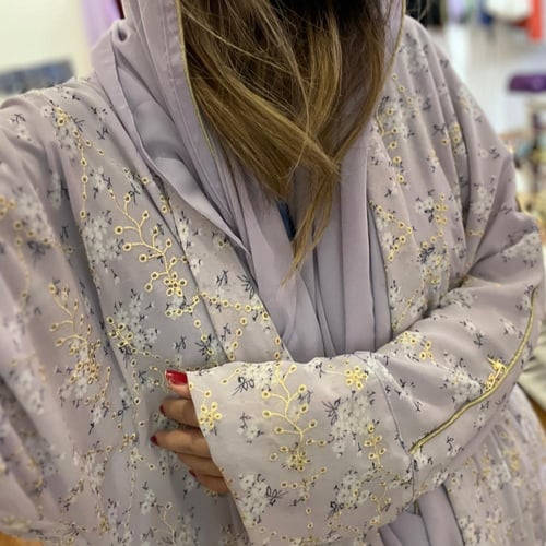 عباية شيفون مورد مطرز - موف فاتح